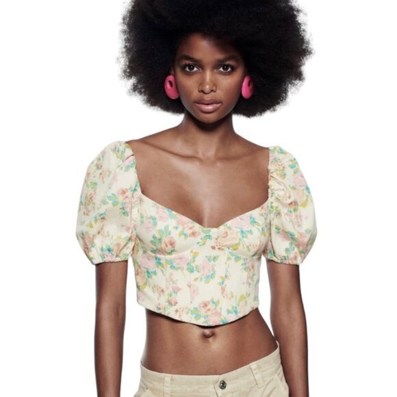 Zara Crop Top Women’s Size Large Floral Puffy Sleeve‎ Smocked Back Corset Point - Picture 1 of 14